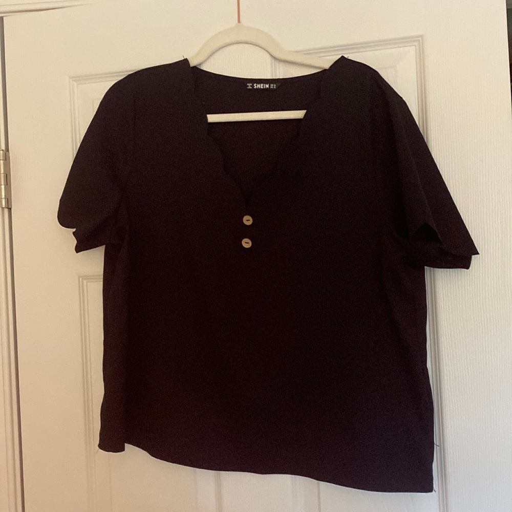 Shein button detail scalloped neck top